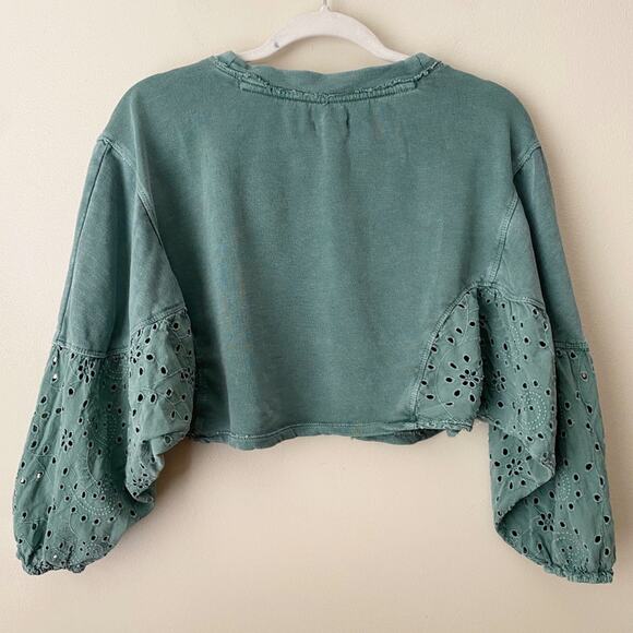 Pilcro | Batwing Eyelet Sleeve Crop Top Boho Festival Olive Green XSP Petite - Picture 6 of 7